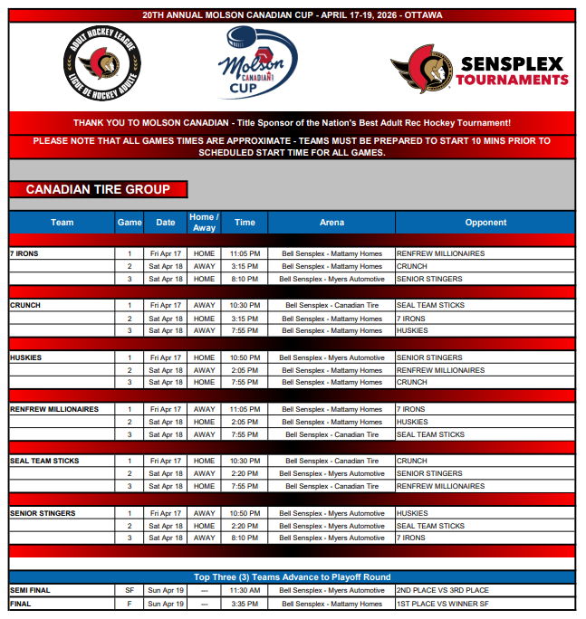 Molson Cup Schedule
